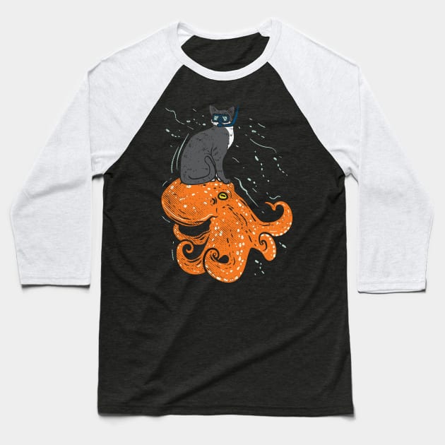 Snorkeling Cat Riding Octopus Baseball T-Shirt by maxdax